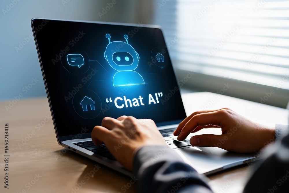 Poster hands typing on a laptop displaying chat ai technology.