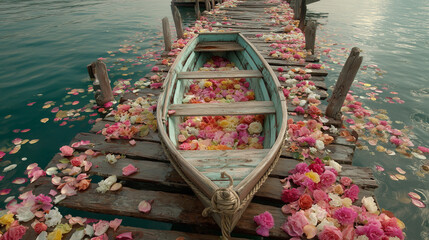 A boat filled with colorful flowers on a wooden dock covered with flower petals near the water edge