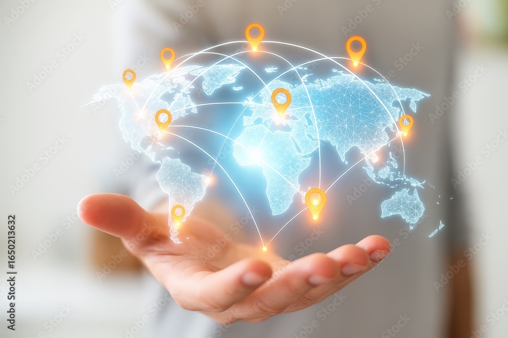 Poster global network map held in a hand.