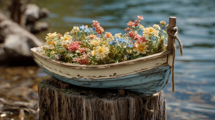 Boat planter filled with colorful flowers sitting on a tree stump near the water outdoors in daylight