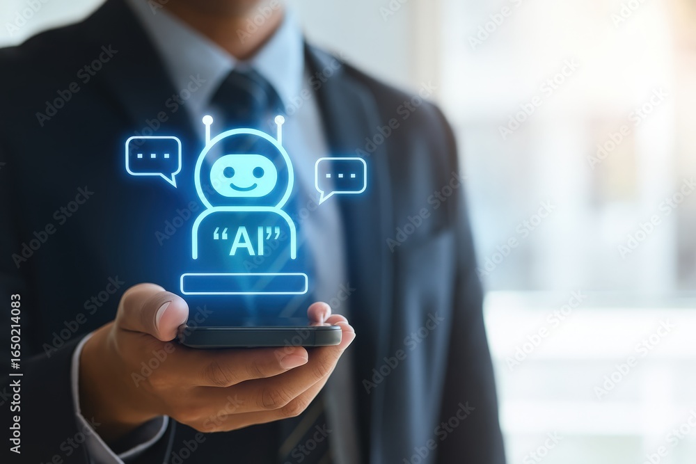 Poster a person holds a smartphone displaying an artificial intelligence icon.
