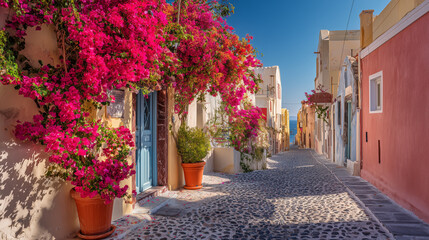 Fototapeta premium A street view with pink bougainvillea flowers in santorini greece with blue door and cobblestone path
