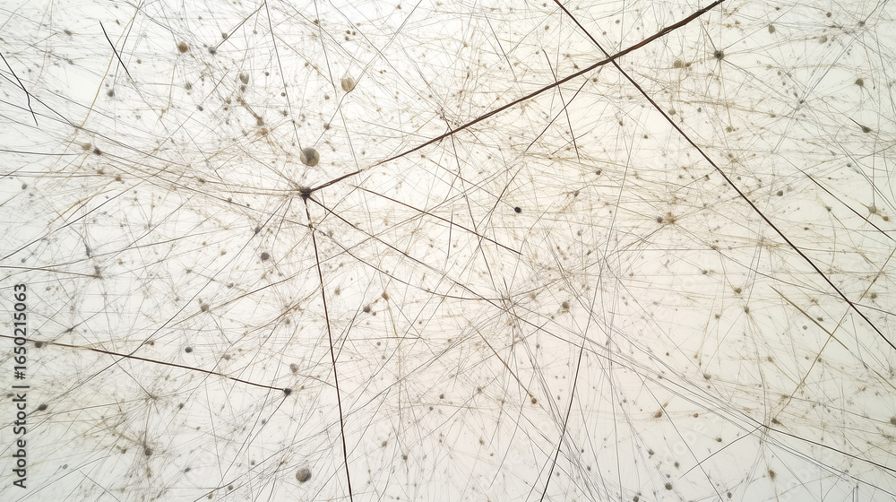 Poster abstract organic pattern of dandelion seed dispersal on white background, with multiple floating see
