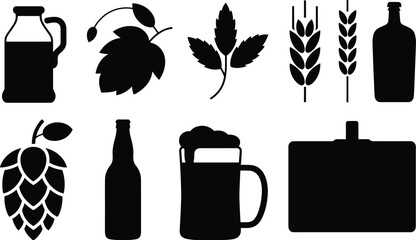 Beer icons collection, hop plant, wheat grain, beer bottle silhouette, brewing ingredients, craft beer mug, brewery vector, alcohol drink design