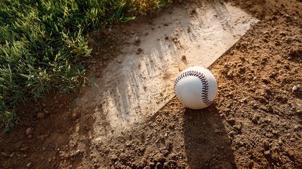 baseball rests on  dirt and clay of  baseball field near  grass edge sports