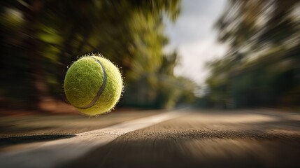 Close up of  fuzzy green tennis ball in motion on  court with blurred trees and sky in  background