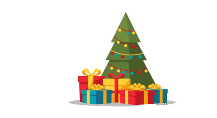 Festive illustration of a decorated Christmas tree with colorful wrapped presents.