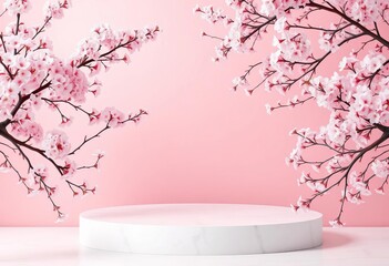 Delicate pink cherry blossoms frame elegant white marble podium on soft pink background,  floral,  backdrop
