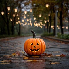 A glowing jackolantern sits on a wet road surrounded by fallen leaves, with bokeh lights and trees in the background, evoking the spirit of halloween