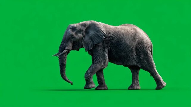 Side view of an elephant walking with a green screen background