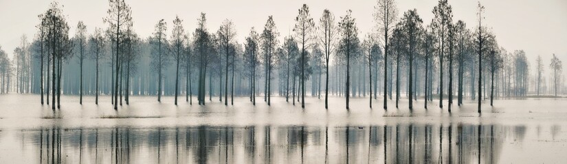 Ethereal Misty Water Forest Enveloped In Early Morning Haze Photo