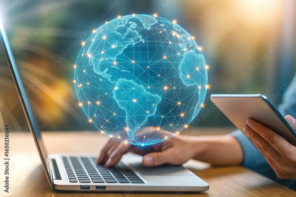 Poster global network connection displayed on digital devices.