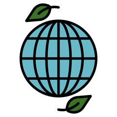 A graphic representation of the earth with two green leaves, symbolizing environmental awareness and global sustainability. The globe is rendered in a simplified, illustrative style