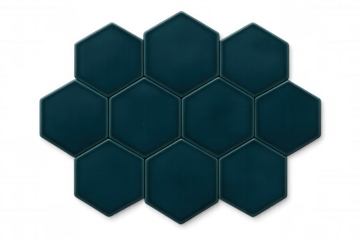Geometric dark teal hexagonal tiles creating seamless pattern, transparent background enabling versatile design applications for interior spaces