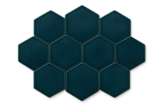 Geometric dark teal hexagonal tiles creating seamless pattern, transparent background enabling versatile design applications for interior spaces