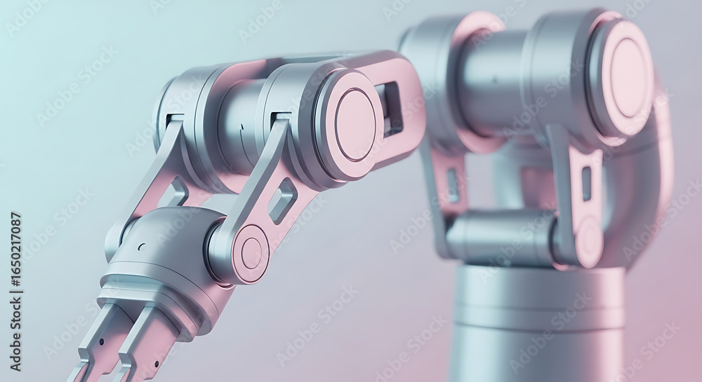 Poster a close up view of a silver robotic arm with pink highlights against a gradient background image ai 