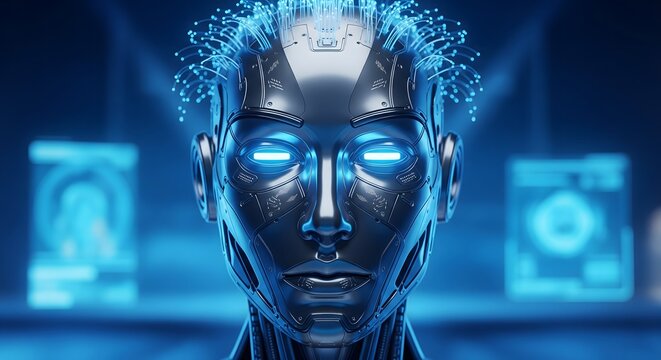 Artificial intelligence robot head glowing data
