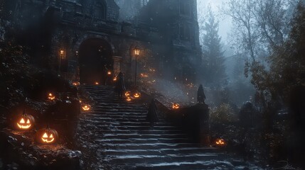 Fototapeta premium Halloween pumpkins illuminate a spooky staircase leading to a dark castle in the mist