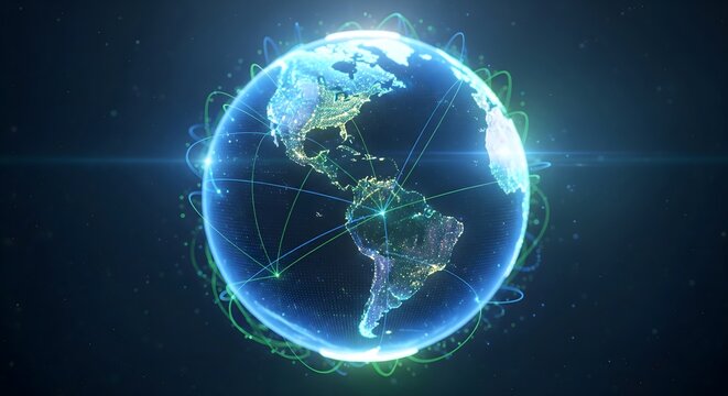 Digital holographic Earth glowing blue grid - Powered by Adobe