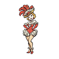Stylized vintage cartoon woman in a feathered headdress and red showgirl costume