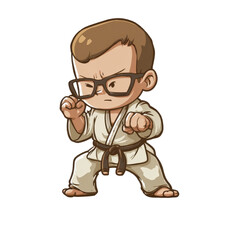 Obraz premium Chibi style boy in karate uniform with brown belt and glasses in a fighting stance