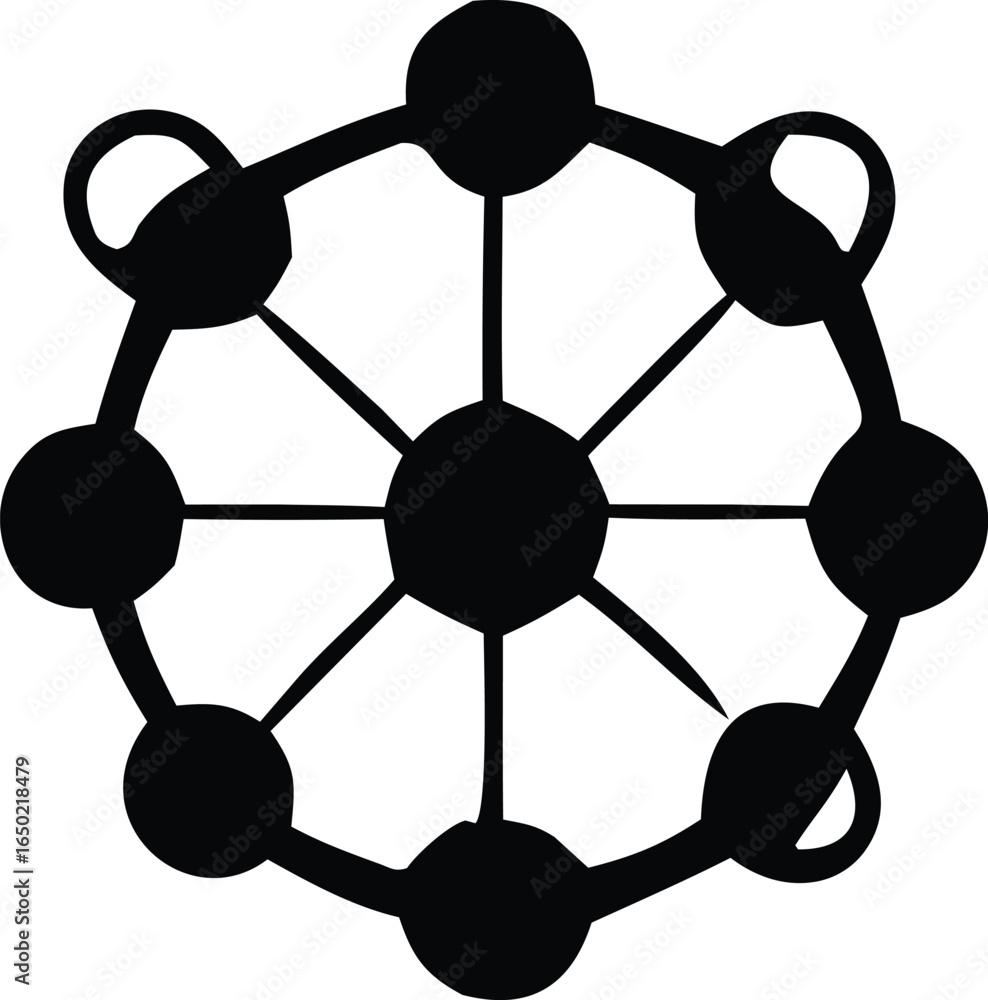 Poster abstract black and white geometric design featuring a central circle connected to outer circles in a
