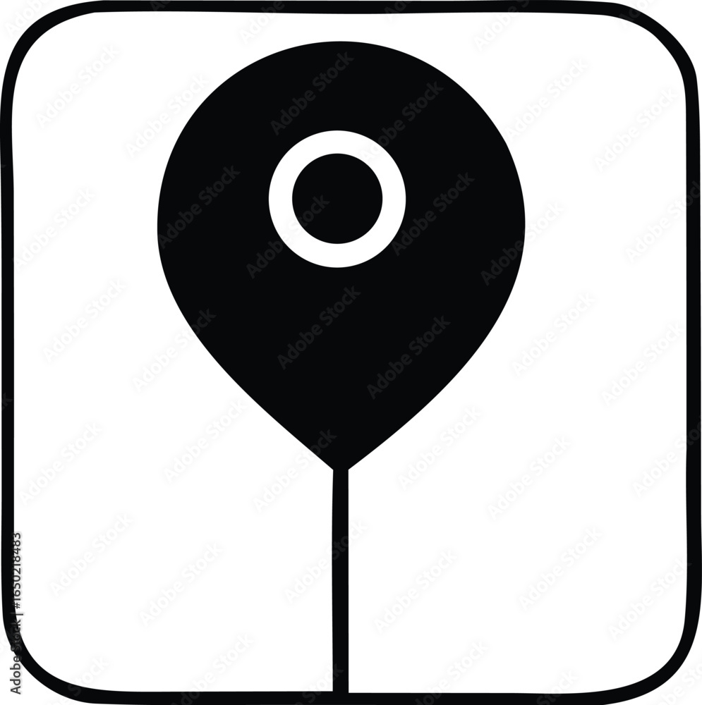 Poster simple black and white icon of a location pin marker with a circular target symbol inside set agains