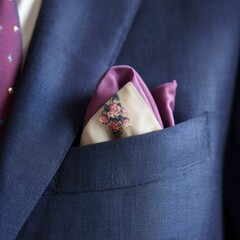 A man wearing a blue suit jacket with a purple tie and a pink pocket square