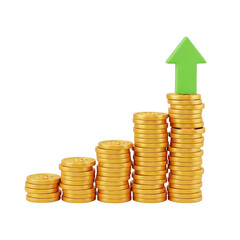 3d gold coins with a green arrow up isolated on transparent background