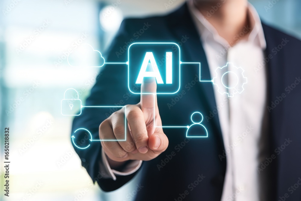 Poster person interacting with a futuristic interface displaying artificial intelligence.