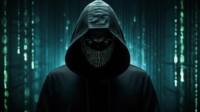 Anonymous hacker wearing a mask of digital code against a futuristic network background