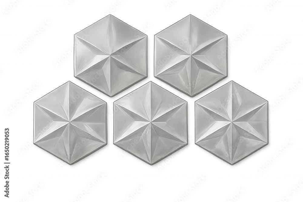 Poster silver hexagonal reliefs creating star-shaped metallic pattern, suitable for architectural and inter