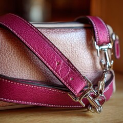 A purse with a pink strap