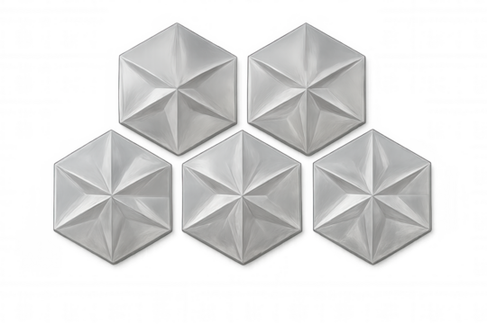 Silver hexagonal reliefs creating star-shaped metallic pattern, suitable for architectural and interior design graphics with transparent background