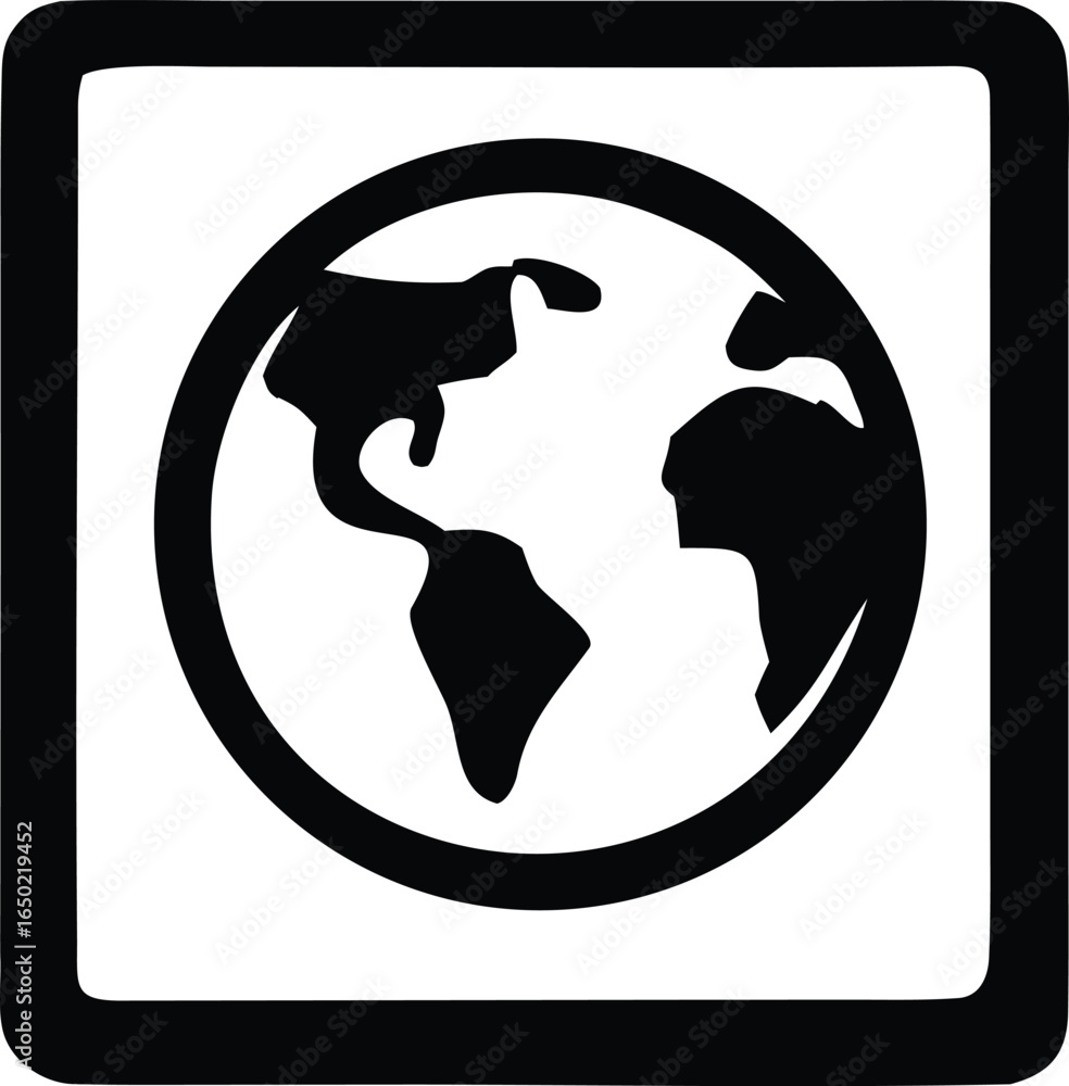 Poster simple black and white icon of planet earth with continents clearly visible within a square border