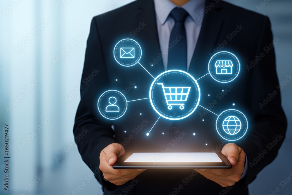 Poster a person holds a tablet displaying a digital network of e-commerce symbols.