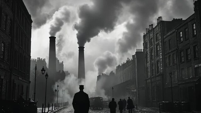 industrial cityscape with smokestacks and dark skies in black and white