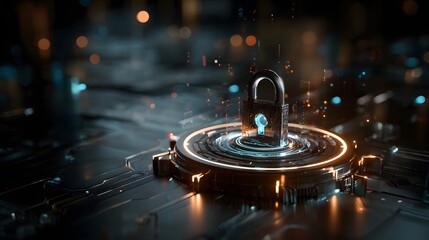 Futuristic cyber shield, glowing lock symbol, digital firewall, AI security system, blockchain protection, global data privacy, network defense, cyber technology, future internet safety, online 