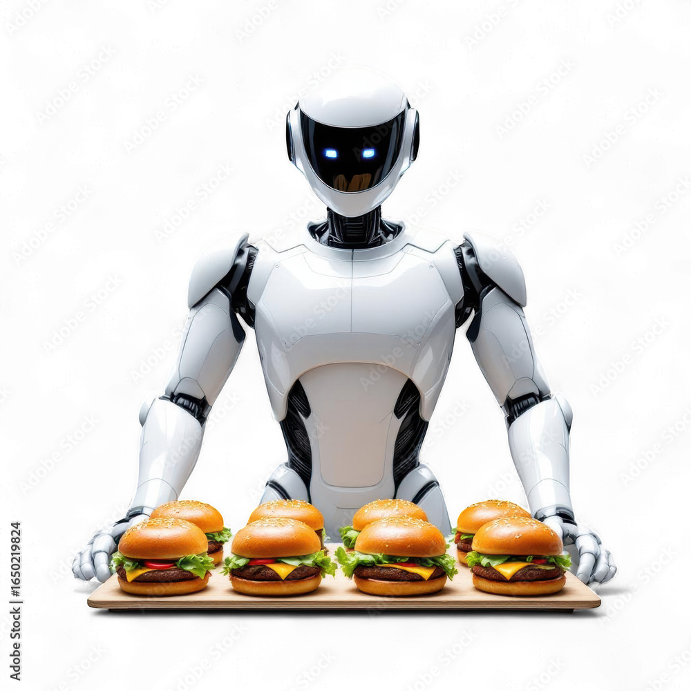 Poster a white robot holding a tray of burgers with a black background in a studio setting image