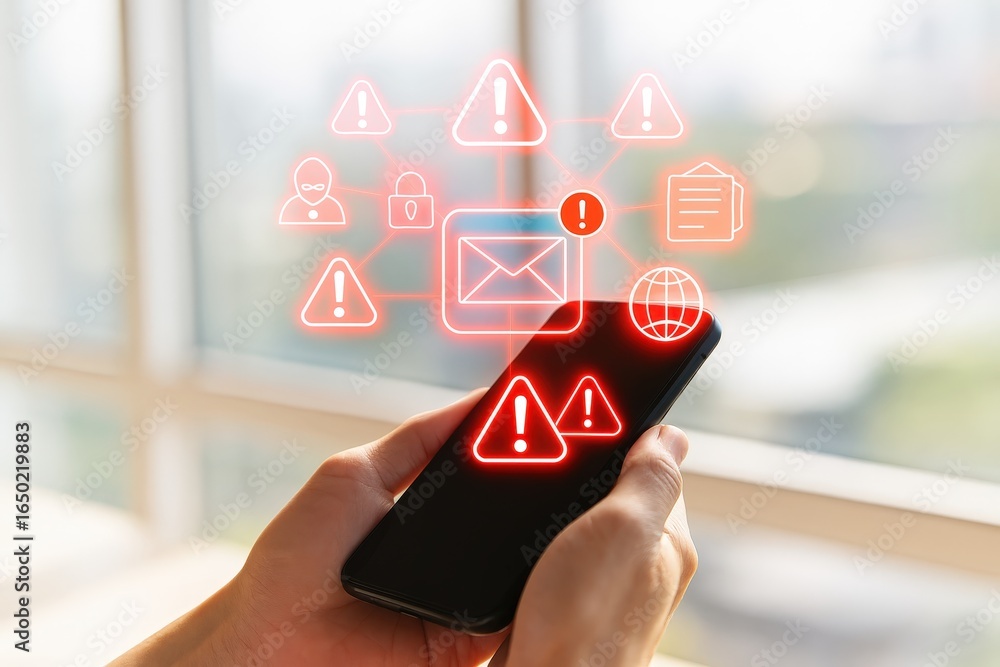 Poster smartphone displaying red warning icons related to email security.