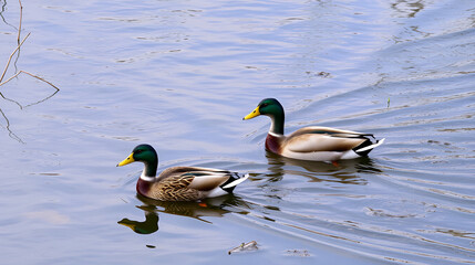 Mallard Ducks Swimming Together in a Cold River Amidst Natural Habitat