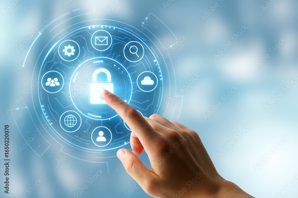 Poster a hand interacting with a digital interface displaying security and data management functions.