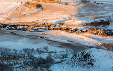 Dusk Over Bashang Snowfield In Cold Warm Toned Winter Landscape Photography