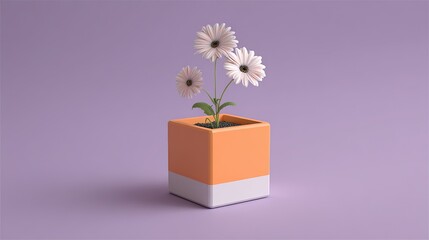 A cute orange pot with a simple shape with small daisies in a simple and clean composition, high saturation and soft light, exuding fresh, natural beauty, elegance and warmth.