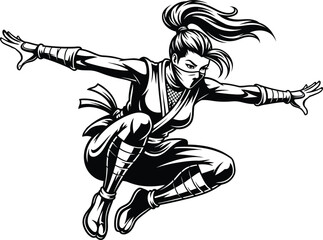 Dynamic illustration of a female ninja in a powerful mid-jump pose with a confident expression. Ideal for gaming, martial arts, and urban fantasy designs. © Munna_SH