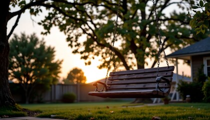 Obraz premium Tranquil Sunset View with Wooden Swing Nature