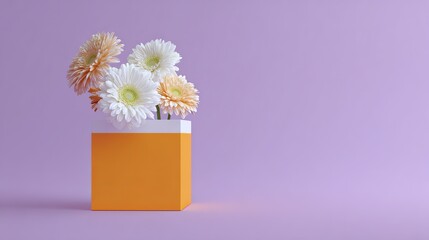 A cute orange pot with a simple shape with small daisies in a simple and clean composition, high saturation and soft light, exuding fresh, natural beauty, elegance and warmth.