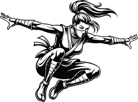 Dynamic illustration of a female ninja in a powerful mid-jump pose with a confident expression. Ideal for gaming, martial arts, and urban fantasy designs.