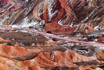 Snow Covered Colorful Danxia Landforms At Zhangye Geological Park Gansu Outdoor Scenery