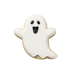 Obraz premium A delightful ghost shaped sugar cookie adorned with smooth white royal icing and a cheerful black icing face. Ideal for halloween treats, party invitations, or festive designs.
